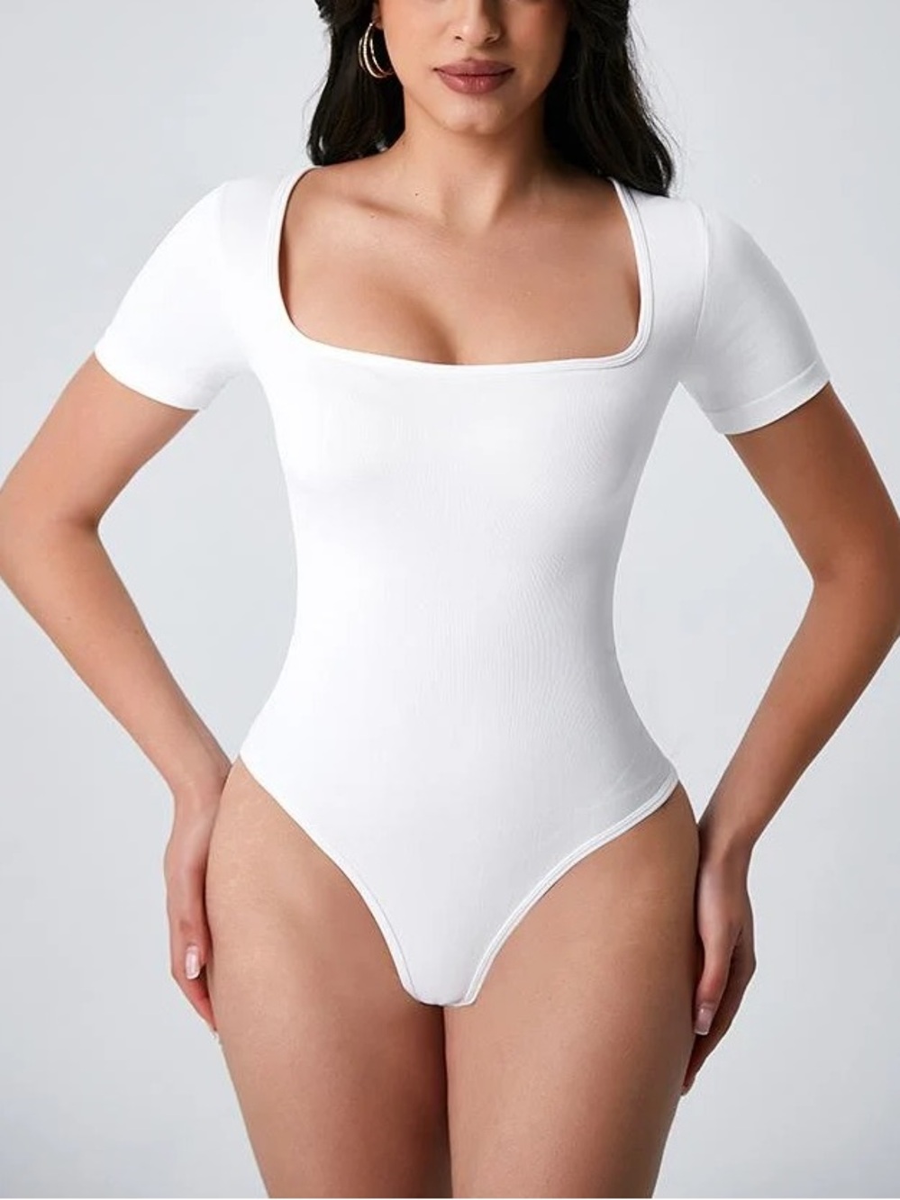 Solid White Square Neck Short Sleeve Bodysuit